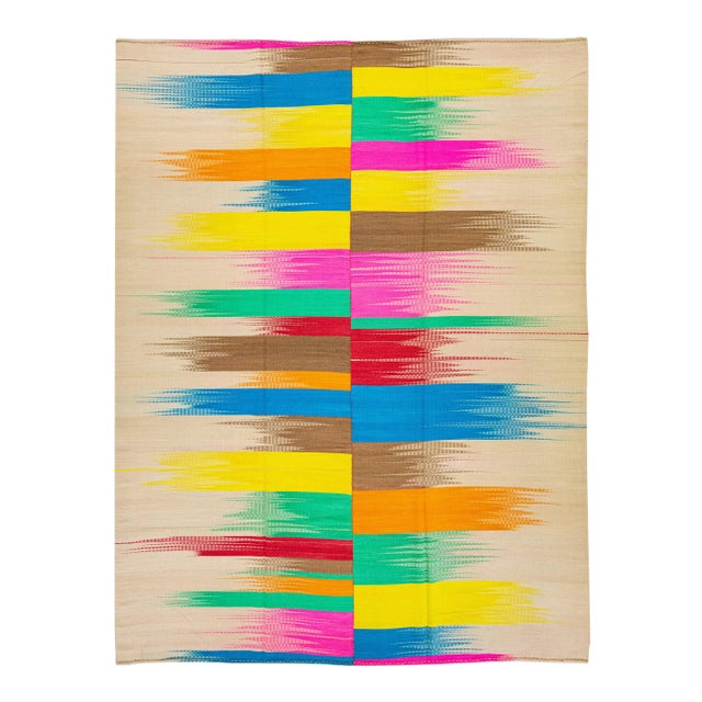 Modern Flatweave Kilim Multicolor Abstract Designed Handmade Wool Rug For Sale