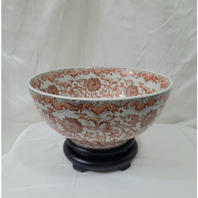 Large Chinese Porcelain Floral Burnt Orange Chinoiserie Bowl With Stand For Sale - Image 4 of 9