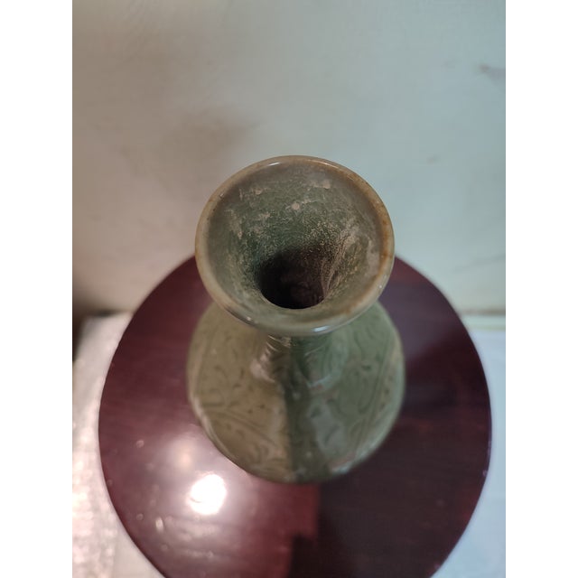 Early 20th Century Chinese Ceramic Vase Yaozhou Ware Celadon Vase Hand Carved Flowers Pattern For Sale - Image 5 of 10