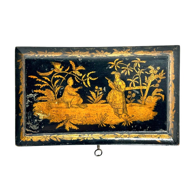 19th Century England Regency Chinoiserie Black Lacquer Tea Caddy For Sale - Image 4 of 12
