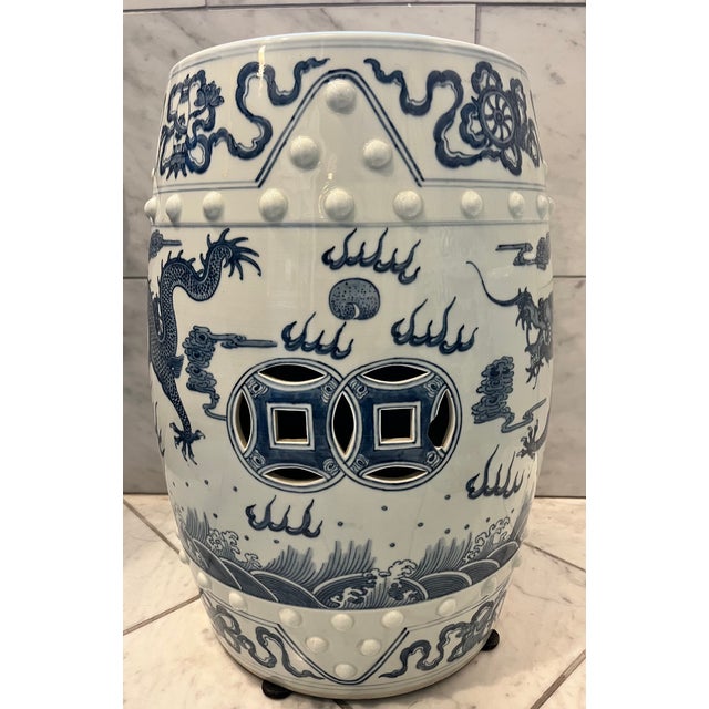 Chinoiserie Mid 20th Century Blue & White Chinese Dragon Garden Stool Side Tables - A Pair For Sale - Image 3 of 15
