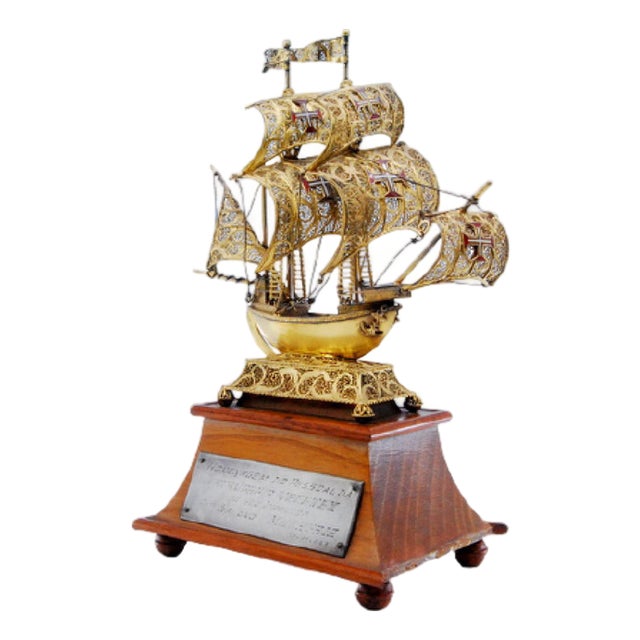 Silver Filigree Caravel with Enamelled Crosses, Sails and Wooden Base For Sale