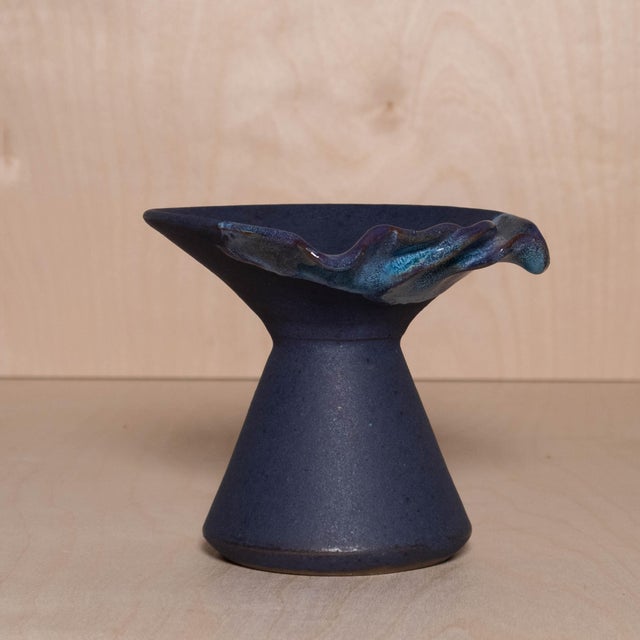 Late 20th Century Handmade Studio Pottery Ceramic Vase With Half Ruffled Rim For Sale - Image 4 of 8