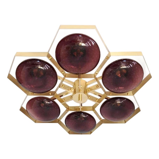 21st Century Hive Polished Brass Amethyst Bubbles Murano Flush Mount by Fabio LTD For Sale