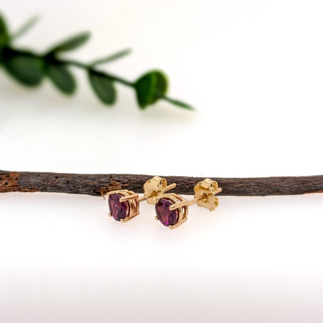 Solitaire 4mm Madagascar Rhodolite Garnet Studs in 14k Gold - 4-Prong Design, A Pair For Sale - Image 4 of 6