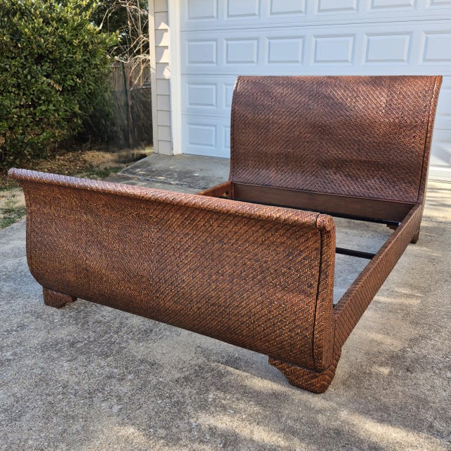 Wood Late 20th Century British Colonial Style Wicker Sleigh Bed Frame - Queen Size For Sale - Image 7 of 10
