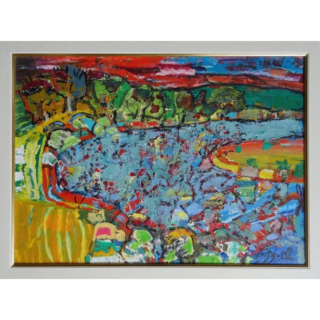 After sunset. 2002, oil on canvas and cardboard, 50x70 cm bright, colorful landscape with the river valdis bush...