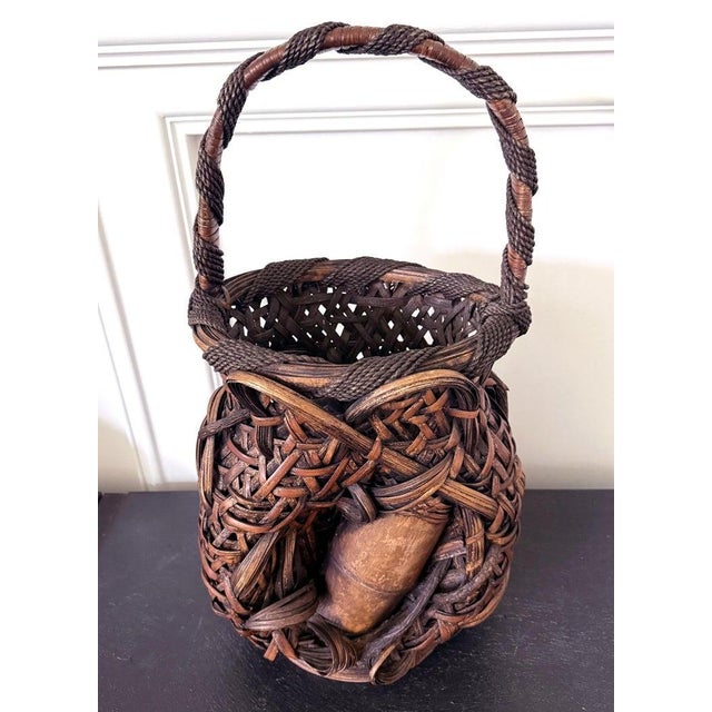 Large Antique Japanese Smoked Bamboo Basket Ikebana Mingei For Sale - Image 12 of 18