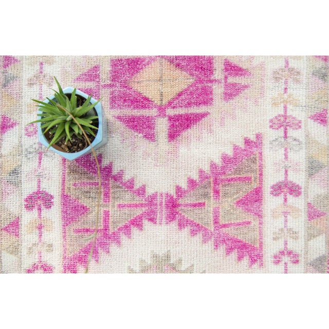 Contemporary Vintage 1940s Pink Beige Kurdish Geometric Wool Faded Runner - 10’10” X 2’ 7.5” For Sale - Image 3 of 11