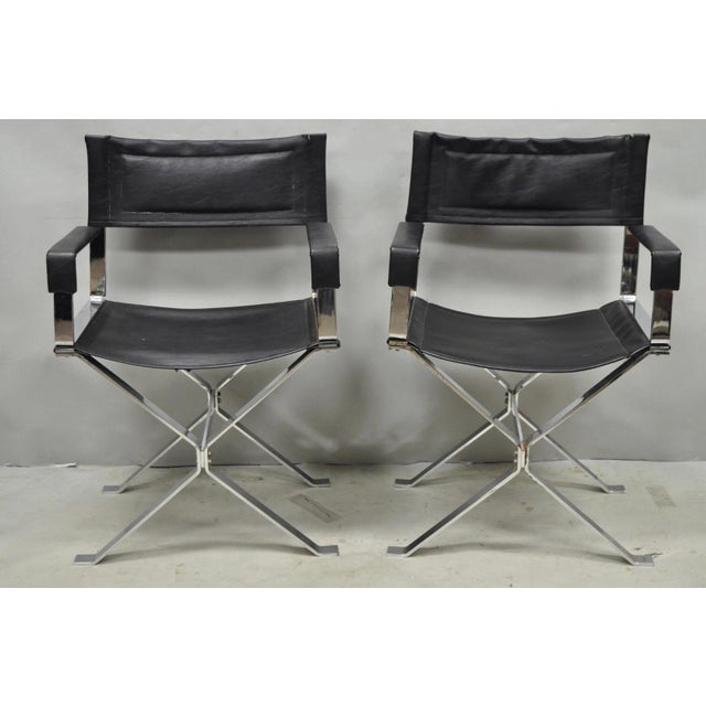 Vintage Alessandro Albrizzi Italian Mid Century Modern Flatbar Chrome Steel Directors Arm Chairs with Black Vinyl Sling...