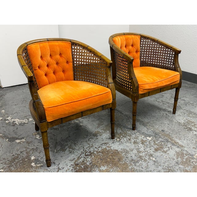 Traditional Saffron Velvet Mid 20th Century Cane Barrel Chairs, Pair For Sale - Image 3 of 12