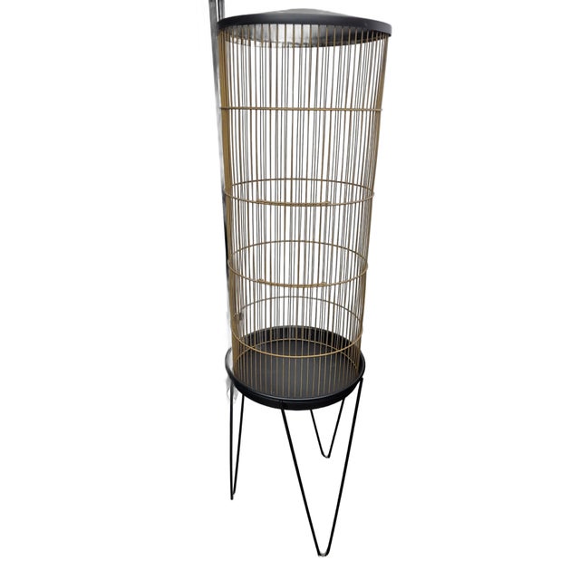 Mid-Century Modern Vintage Black Atomic Cylinder Bird Cage Floor Stand on Hairpin Legs For Sale - Image 3 of 10