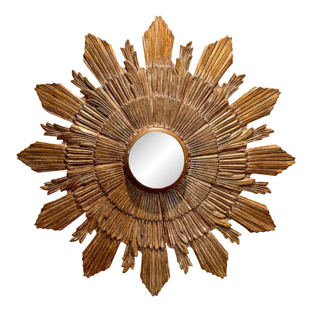 Round Mid- Century Vintage Sunburst Gold Gilt Wood Mirror With Hidden Clock For Sale