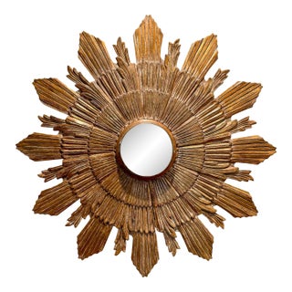 Round Mirror : Mid- Century Vintage Sunburst Gold Gilt Wood Mirror With Hidden Clock For Sale