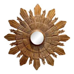 Round Mirror : Mid- Century Vintage Sunburst Gold Gilt Wood Mirror With Hidden Clock