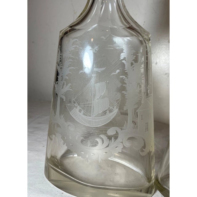 Nautical Large Antique Nautical Sailboat Cut Glass Crystal Liquor Decanter Bottles - a Pair For Sale - Image 3 of 17