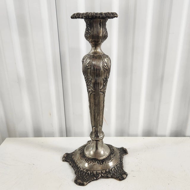 Vintage Silverplate Candlestick With Embossed Floral Motifs · Made in India For Sale In Chicago - Image 6 of 9