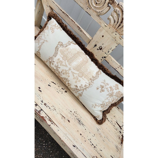 Vintage French Country Distressed Cream Painted Carved Wood Settee With Custom Toile Cushion For Sale - Image 10 of 15