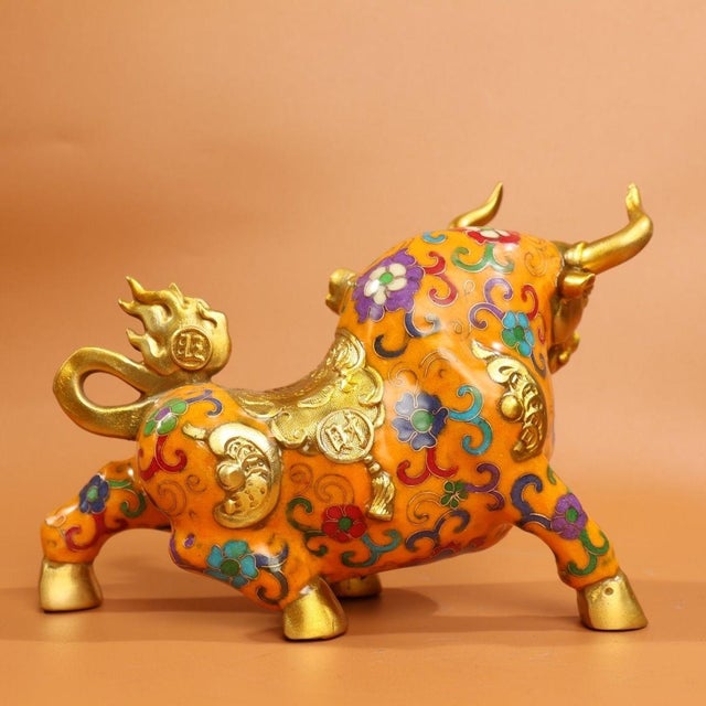 Traditional Late 20th Century Gilt Bronze Cloisonné Enamel Ox Figure With Coin Motif For Sale - Image 3 of 9
