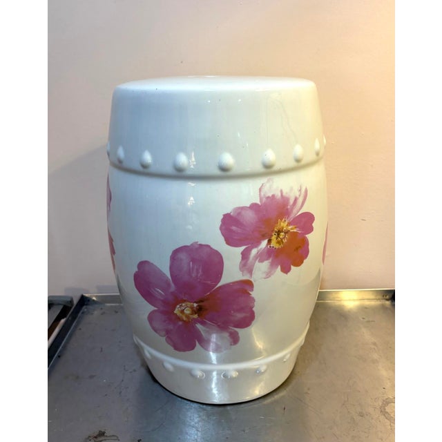 1970s White / Pink Flower Chinese Ceramic Garden Stool For Sale - Image 5 of 6