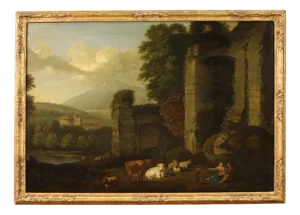 Italian Artist, Bucolic Landscape with Ruins, 1680, Oil on Canvas, Framed