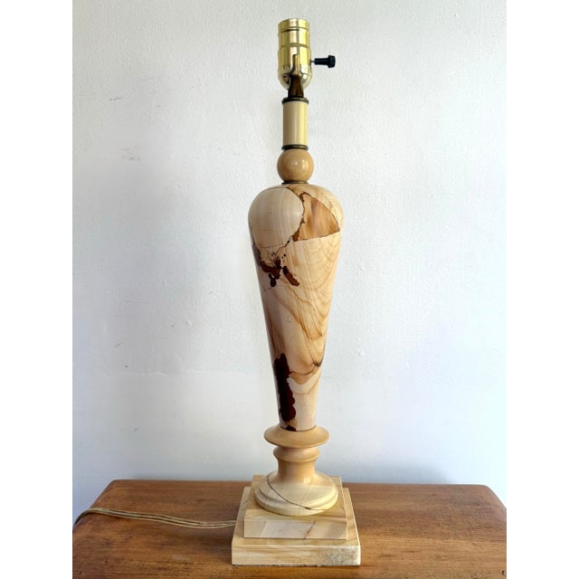 Beautiful Art Deco table lamp of rare teakwood marble. No makers mark, but likely Italian. Rewired and modern hardware....