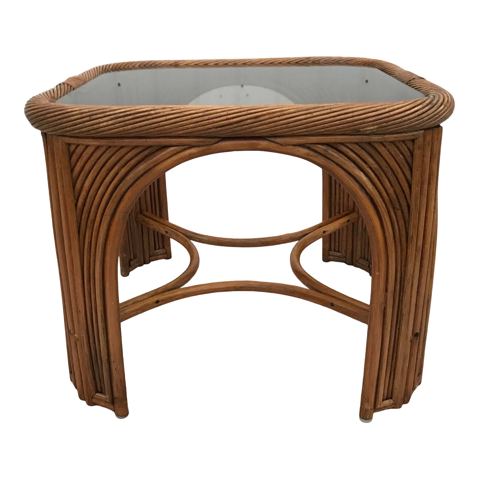 Coastal Twisted Rattan Side Table With Smoky Glass Top | Chairish
