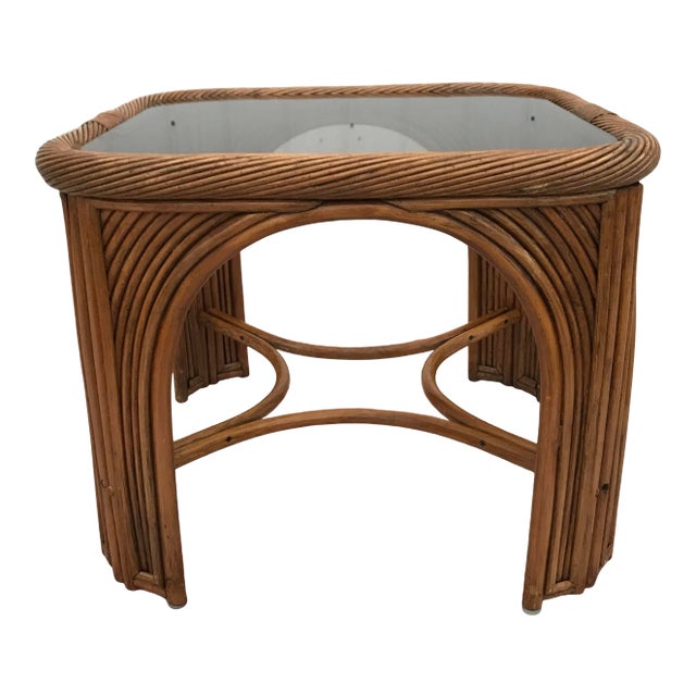 Coastal Twisted Rattan Side Table With Smoky Glass Top For Sale