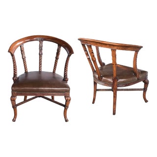 1920s Pair of Antique Italian Open Barrel-Back Armchairs With Leather Seats For Sale