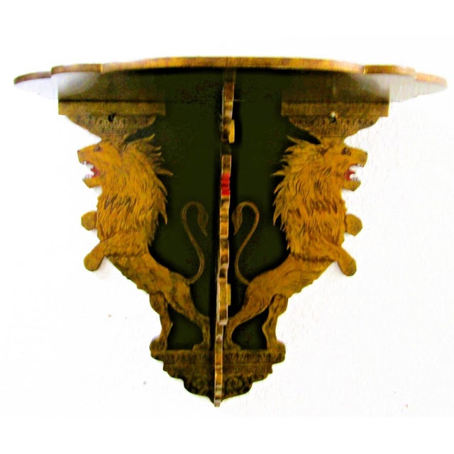 Art Nouveau Pair Antique Anglo Sinhalese Black Lacquer Rearing Lions Wall Shelves Brackets 1880 For Sale - Image 3 of 16