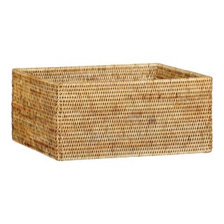 Vintage Handwoven Rattan Rectangular Storage Basket in Natural Honey Tone For Sale