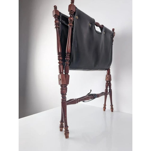 1930s Black Leather And Turned Wood Folding Magazine Rack, 1930s For Sale - Image 5 of 8