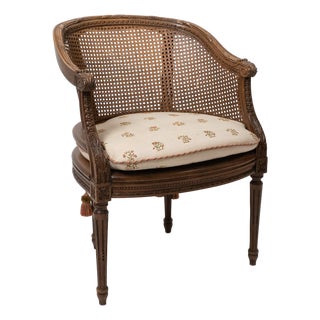 1920s Louis XVI Style Neoclassical Cane Barrel Bergère Chair in Carved Beechwood For Sale