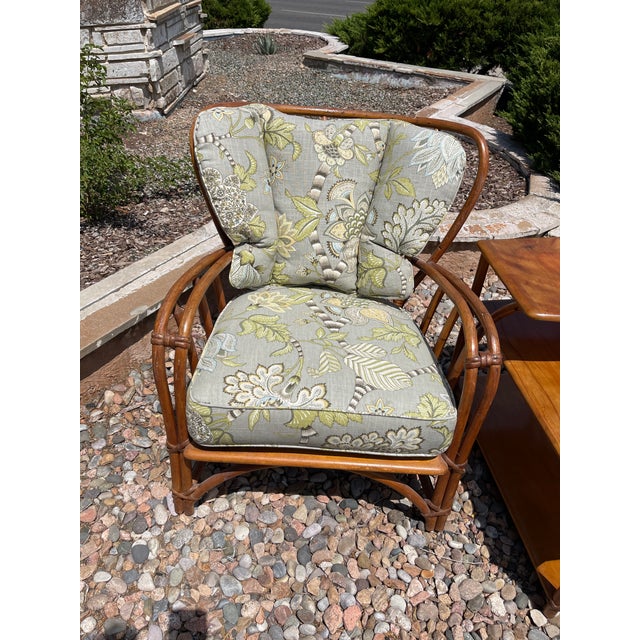 Wood 1940s MCM Heywood Wakefield Rattan Pair Lounge Chairs, Foot Stool & Lamp Table For Sale - Image 7 of 10