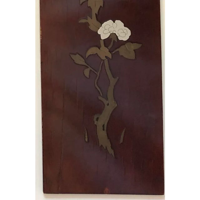 Wood Vintage 1940’s Asian Lacquered Red Mahogany Art Panels With Brass and Tin Flowers and Butterflies Inlay - Set of 2 For Sale - Image 7 of 12