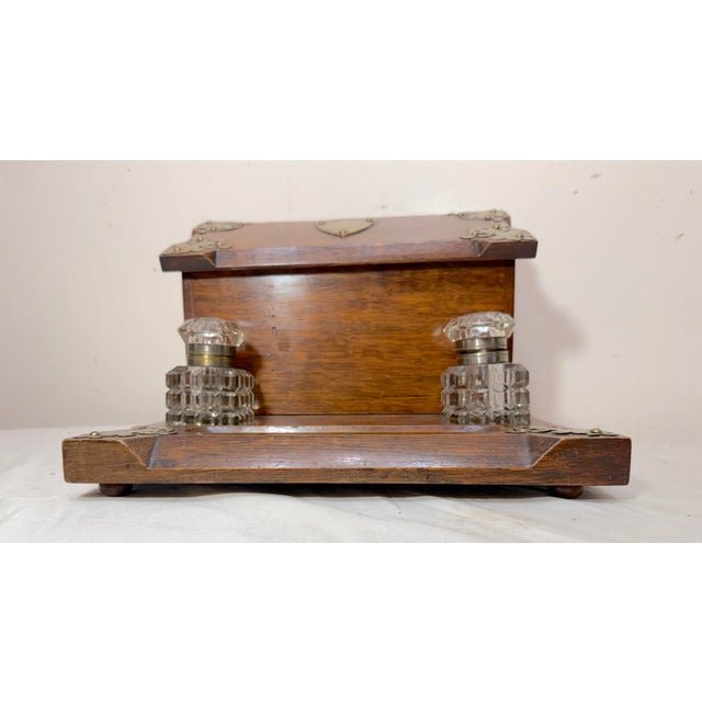 Antique 19th Century English Wood Oak Bronze Inkwell Desk Letter Writing Stand For Sale - Image 4 of 15