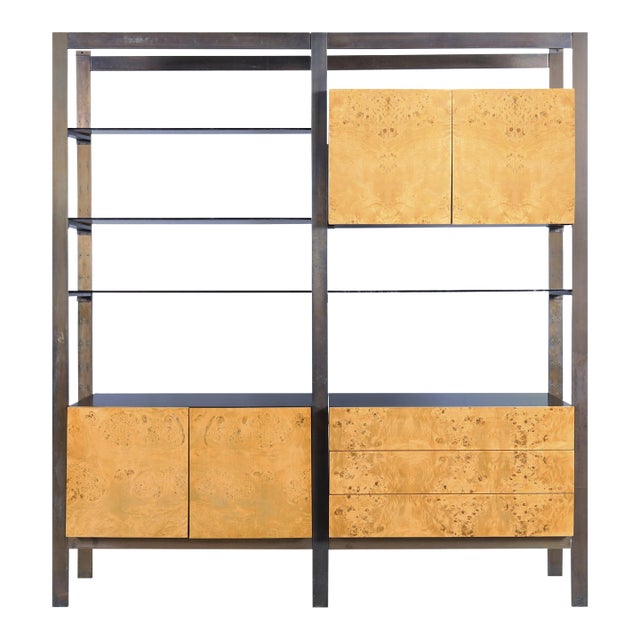 Vintage Burl Wood and Bronze Freestanding Wall Unit by John Stuart For Sale