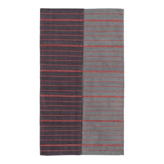 Rug & Kilim’s Contemporary India Dhurrie Rug in Gray and Red Geometric Stripes For Sale