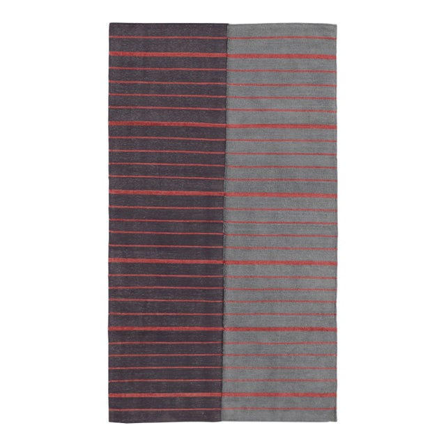Rug & Kilim’s Contemporary India Dhurrie Rug in Gray and Red Geometric Stripes For Sale