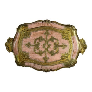 1960s Vintage - Small Italian Pink and Gold Florentine Tray, Marked For Sale