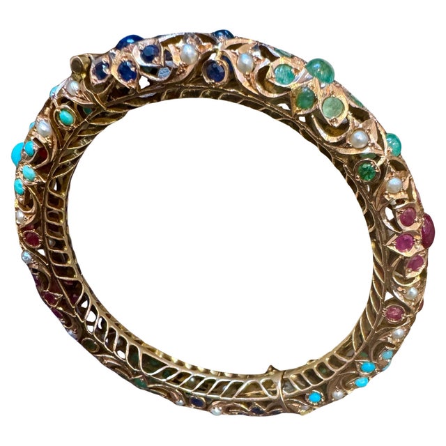 Natural Turquoise Emerald Ruby Sapphire pearl Bangle in 14 Kt Yellow Gold 41 Gm For Sale - Image 15 of 18