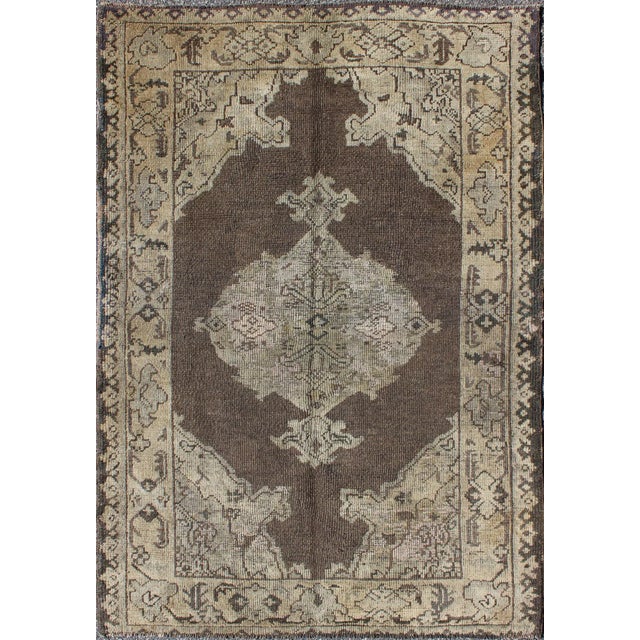 Textile Chocolate Background Vintage Turkish Oushak Rug With Floral Medallion in Cream For Sale - Image 7 of 7