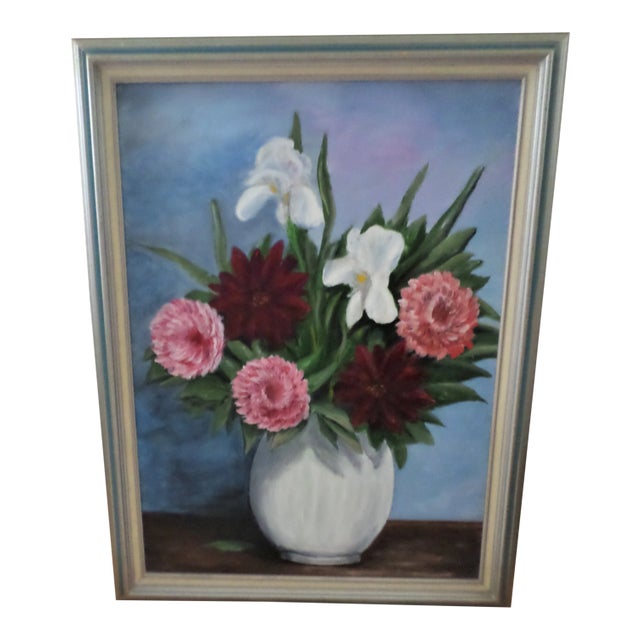 Mid 20th Century Still Life Vase of Flowers Oil Painting, Framed For Sale