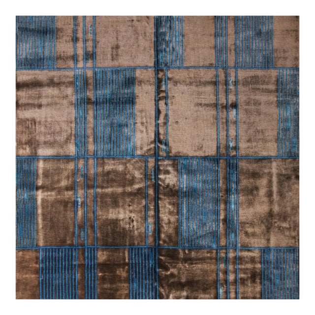 Rug & Kilim's Mid Century Modern Geometric Brown and Blue Wool and Silk Custom Rug, 8x10 For Sale