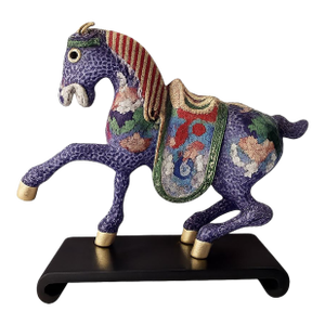 Vintage Chinese Cloisonné Horse Figurine on Carved Wooden Base – 9 1/4” Long