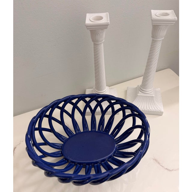 Late 20th Century Vintage Italian Blue Lattice Open Weave Ceramic Fruits Basket. For Sale - Image 5 of 12