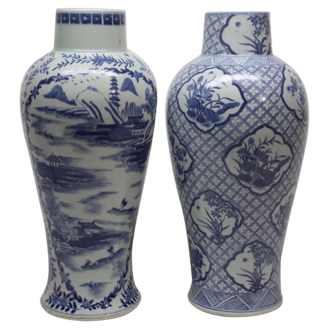 Set Of Two Tall Chinese Blue And White Ceramic Vases Chairish