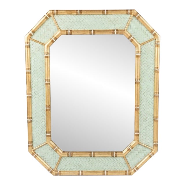 Vintage Parcel Gilt Faux Bamboo Pistachio Octagonal Wall Mirror - Newly Painted For Sale