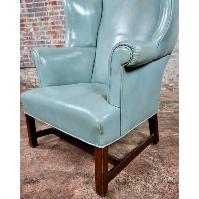 Animal Skin 18th Century Teal Leather Upholstered Wing Chair-George III For Sale - Image 7 of 13
