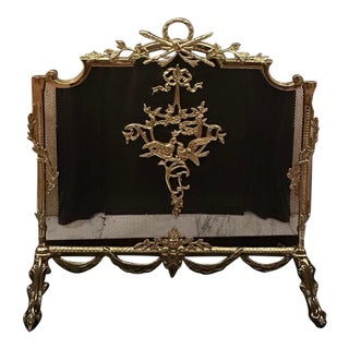 Ornate Brass Fireplace Screen Bird Design French Louis XVI Empire Style For Sale